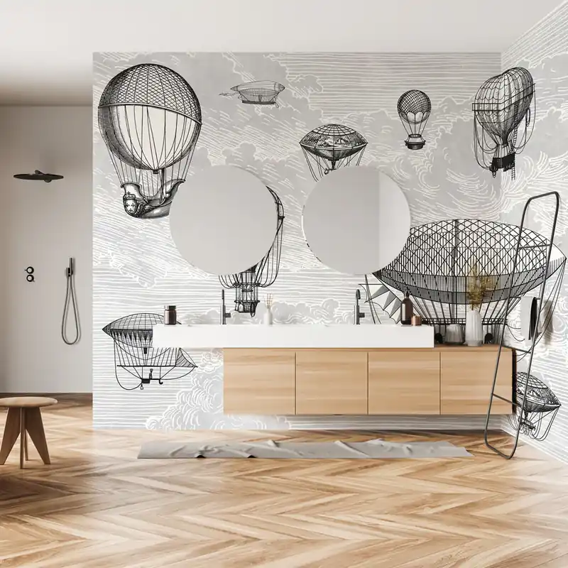 Carta da parati in Fibra di Vetro Mongolfiere vintage - Bianco e Nero / 100% Fibra di vetro / 95x300 cm Rechtstreeks Van De Fabrikant