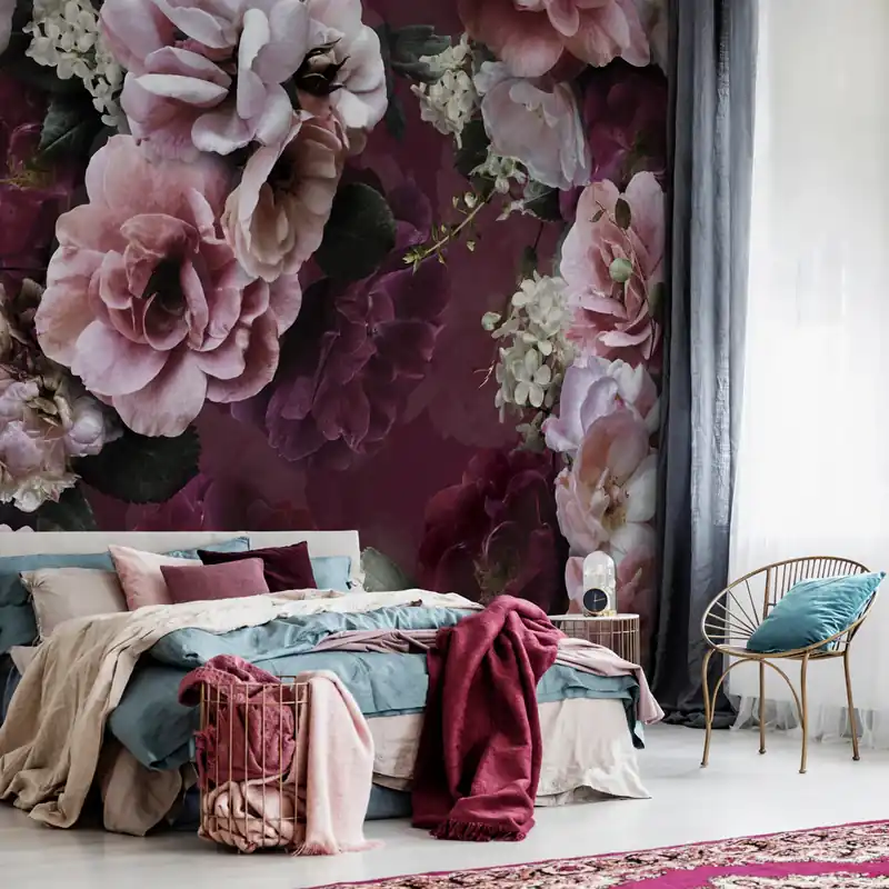Carta da parati Roseto - Borgogna / TNT Effetto Muro / 100x300 cm Gratis Retour