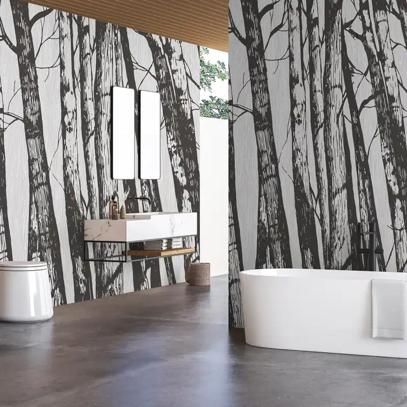 Carta da parati in Fibra di vetro Foresta a Tratto - Bianco e Nero / 100% Fibra di vetro / 95x300 cm Gratis Retour