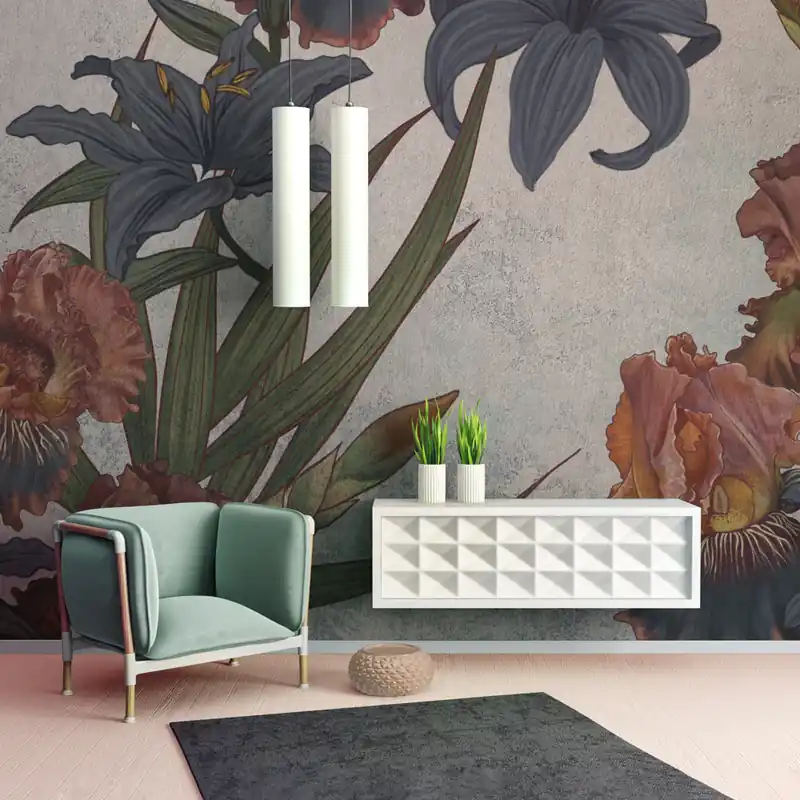 Korting Carta da parati Iris and Lilies - Rosa / TNT Effetto Muro / 100x300 cm