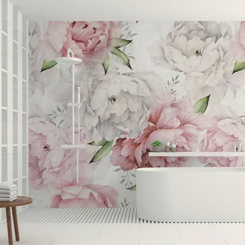 Actieprijs Carta da parati in Fibra di Vetro Pastel Peonies - Rosa / 100% Fibra di vetro / 95x300 cm