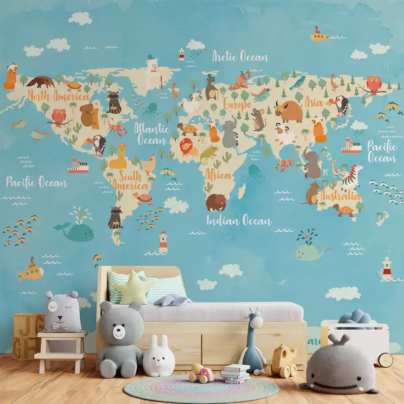 Lage Kosten Carta da parati Mappamondo con Animali - Mappamondo Animali 2 / Carta da parati liscia / 100x300 cm