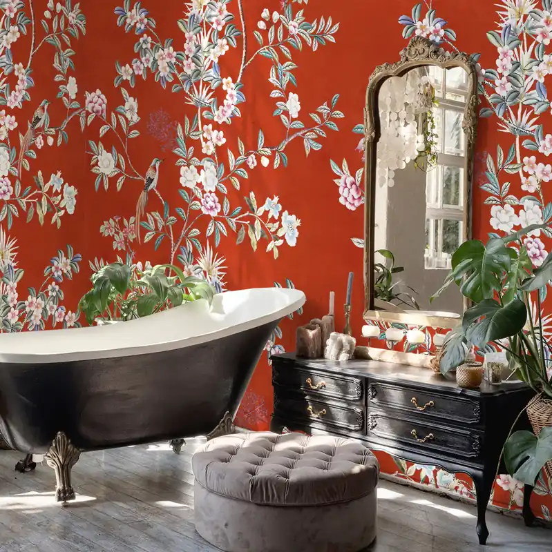 Carta da parati in Fibra di Vetro Chinoiserie scarlatta - 100% Fibra di vetro / 95x300 cm Populair
