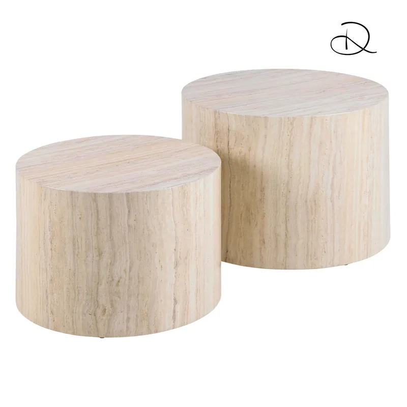 Set 2 tavolini da salotto legno Motrik effetto travertino beige tondo h40 cm Betaalbaar