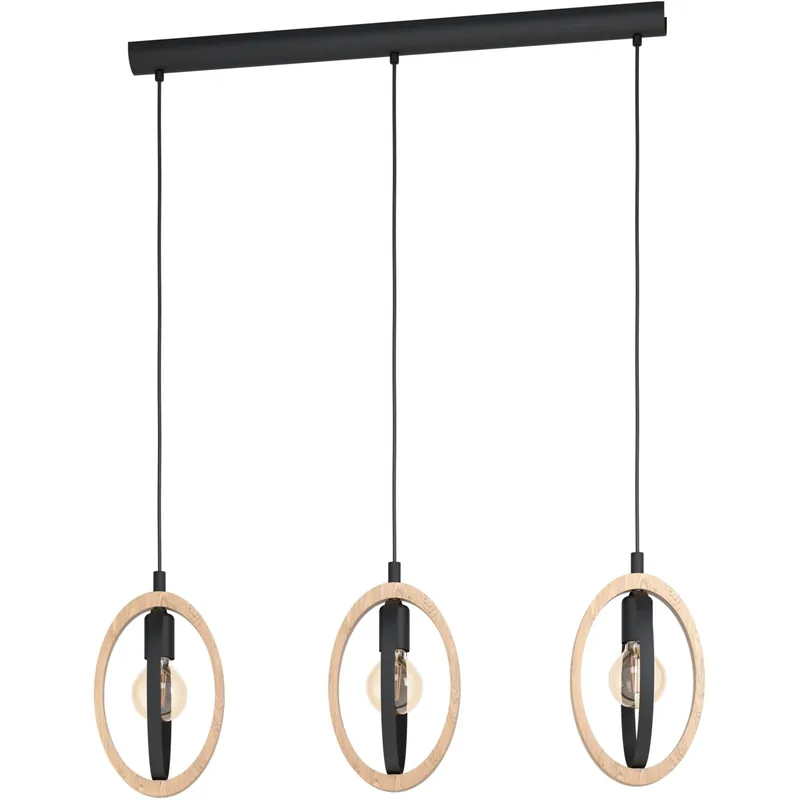 Betaalbaar Lampadario a sospensione Eglo Basildon 3 luci E27 40 W nero-naturale 78x16 cm