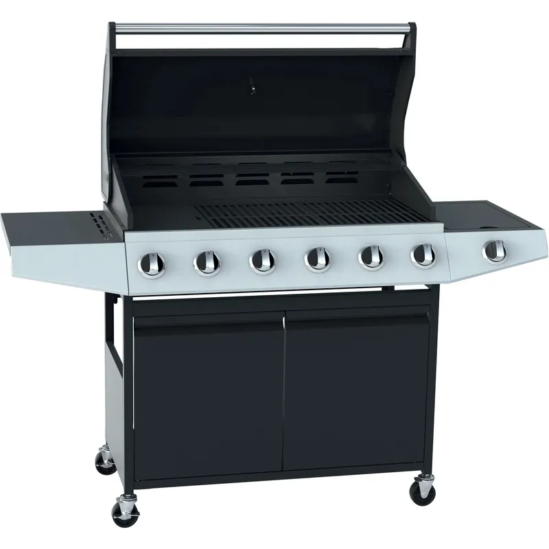 Gratis Retour Barbecue a gas 6+1 bruciatori nero con fornello laterale e coperchio