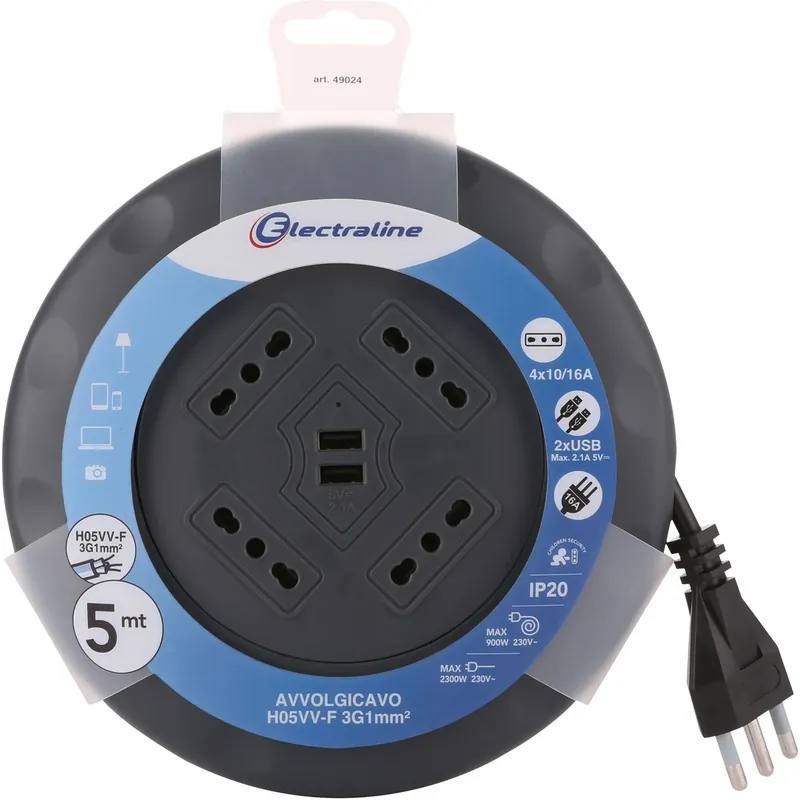 Prolunga con avvolgicavo 5 m con 4 prese bivalenti e 2 USB Laatste Kans