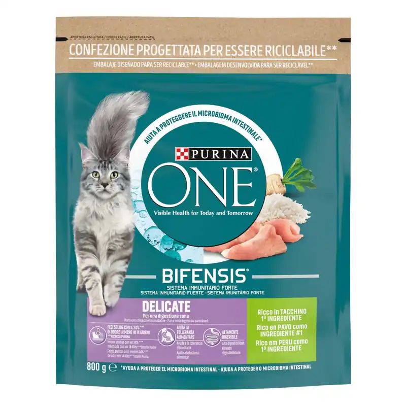 Gratis Retour Cibo secco per gattiPURINA ONE® Delicate Tacchino selezionato 800 g