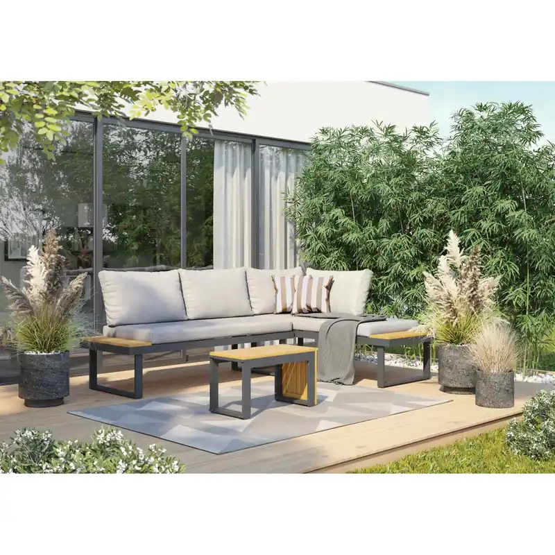 Salotto da giardino angolare Lipson in alluminio con inserti in legno 4 posti Koopje