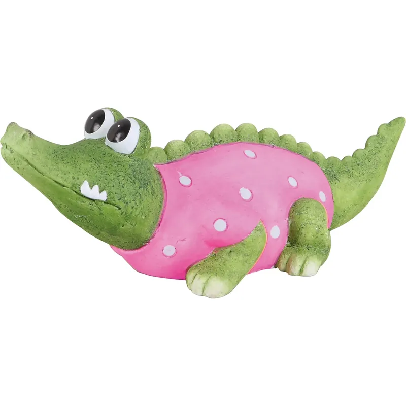 Statuetta da giardino coccodrillo sdraiato 16 cm vestito rosa Flitsaanbieding
