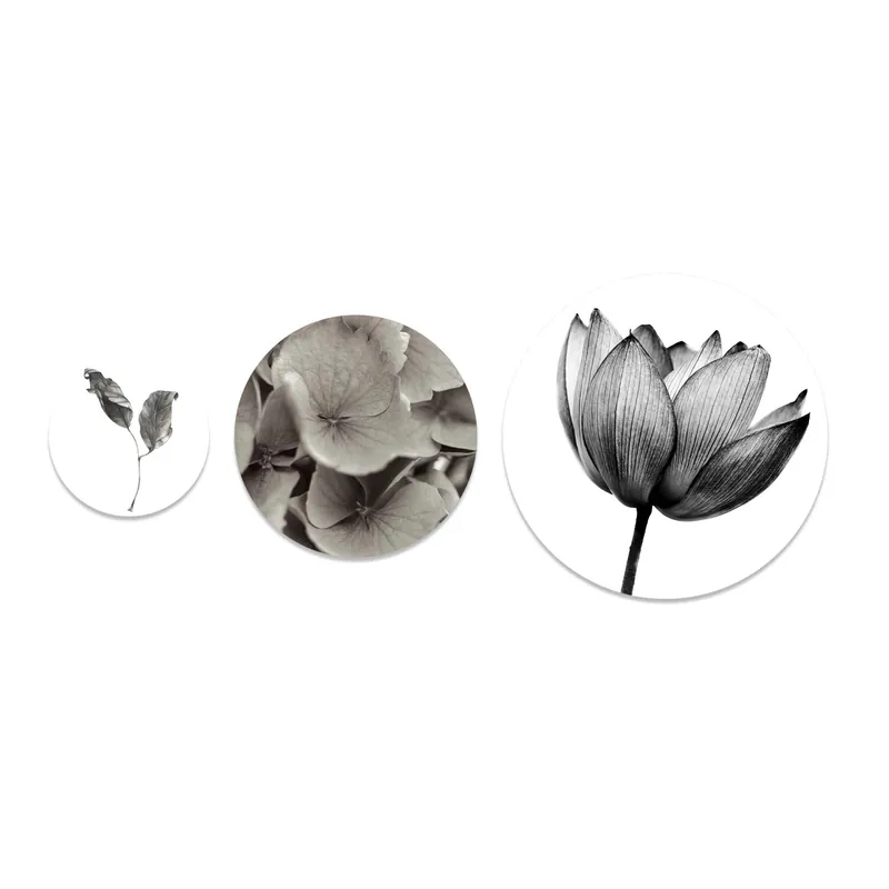 Set 3 pannelli tondi fiori in bianco e nero diametro 40-30-20 cm Seizoensaanbieding