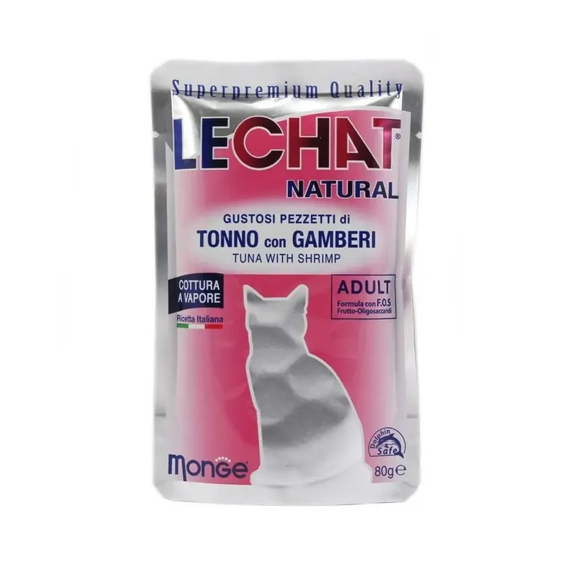 Populair Cibo umido per gatti Lechat Buste Natural tonno e gamberi 80 gr