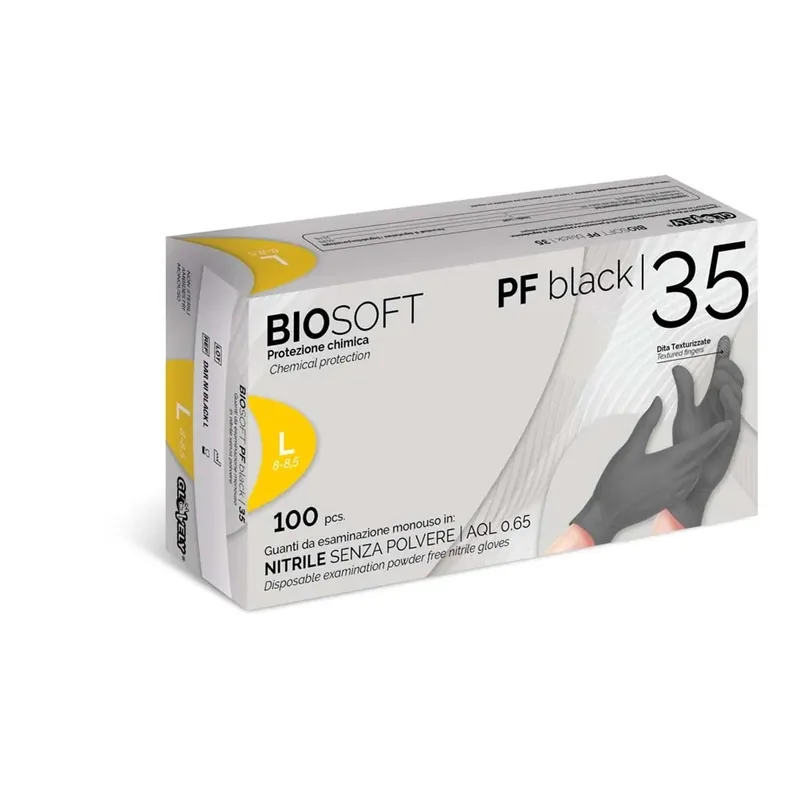 Gratis Retour Guanti da lavoro da esaminazione in nitrile Biosoft Pf Black 35 tg L