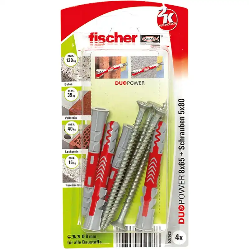Tassello Fischer Duopower 8 x 65 S K con vite 4 pz ciascuno Gereduceerde Prijs