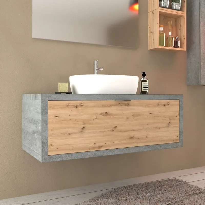 Mobile bagno base lavabo sospeso 110 cm cemento/rovere Gratis Retour