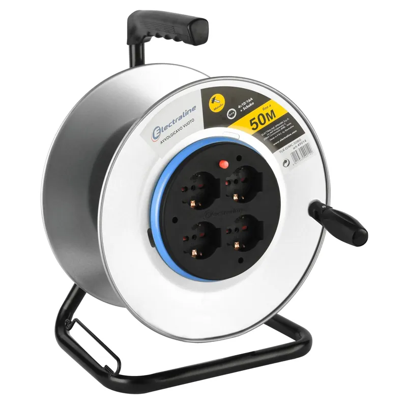 Avvolgicavo elettrico senza cavo in metallo 4 prese 10/16A 50 m Speciale Aanbieding