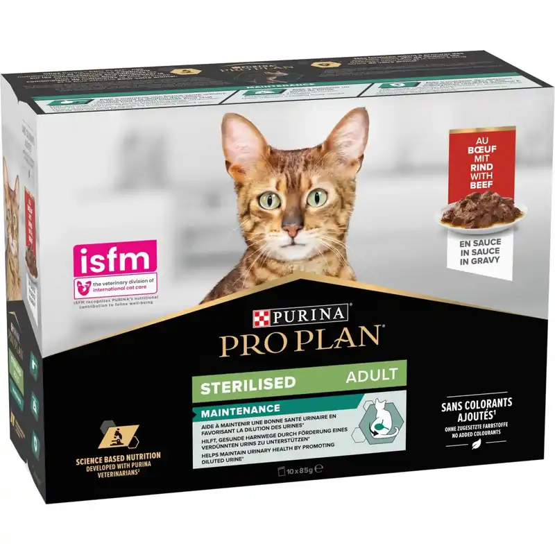 Koopje Cibo umido per gatti Purina ProPlan Sterilised manzo in salsa multipack 10x85 g