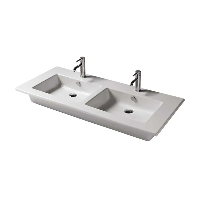 Lage Prijs Lavabo da incasso con 2 vasche integrate ceramica 121x51,5 cm bco lucido