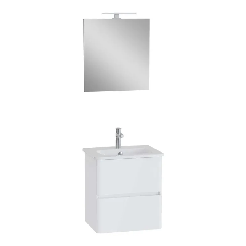 Mobile bagno lavabo+specchio LED sospeso 2 cassetti Mia Plus 60 cm bianco lucido Laatste Versie