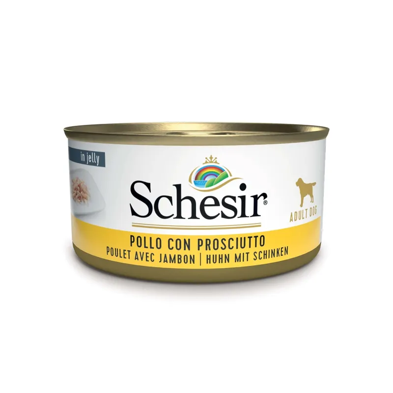 Cibo umido per cani Schesir Pollo con prosciutto lattina 150 g Beperkt Aanbod