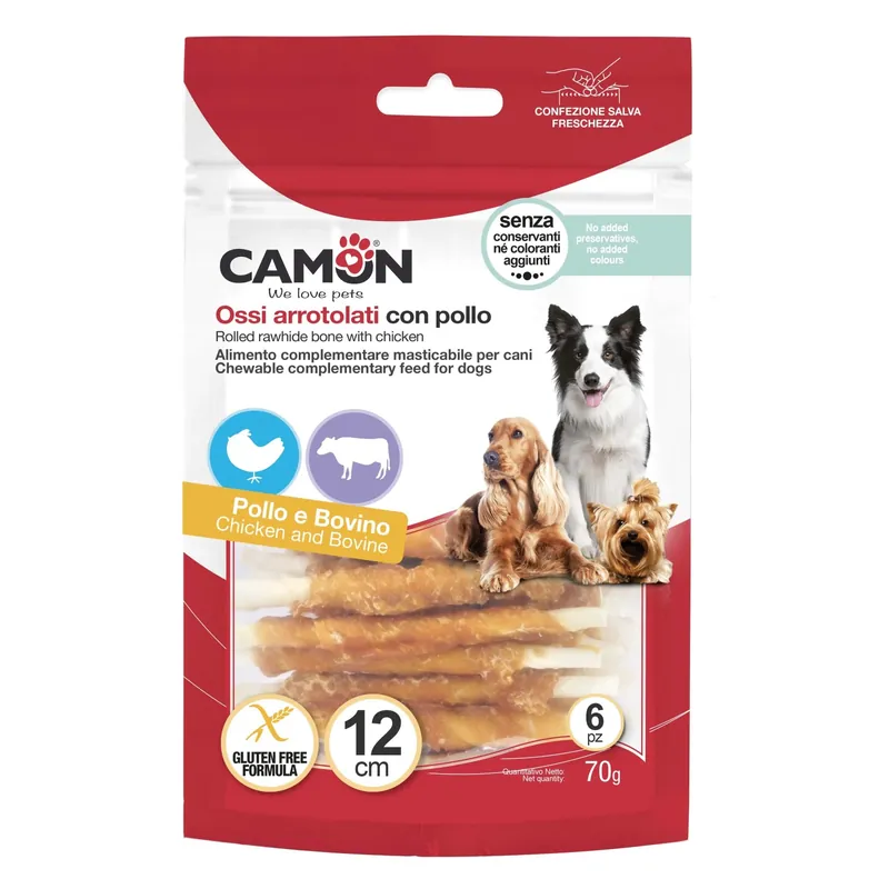 Koop Online Snack per cani Camon Rolls di pelle bovina con pollo 200 g
