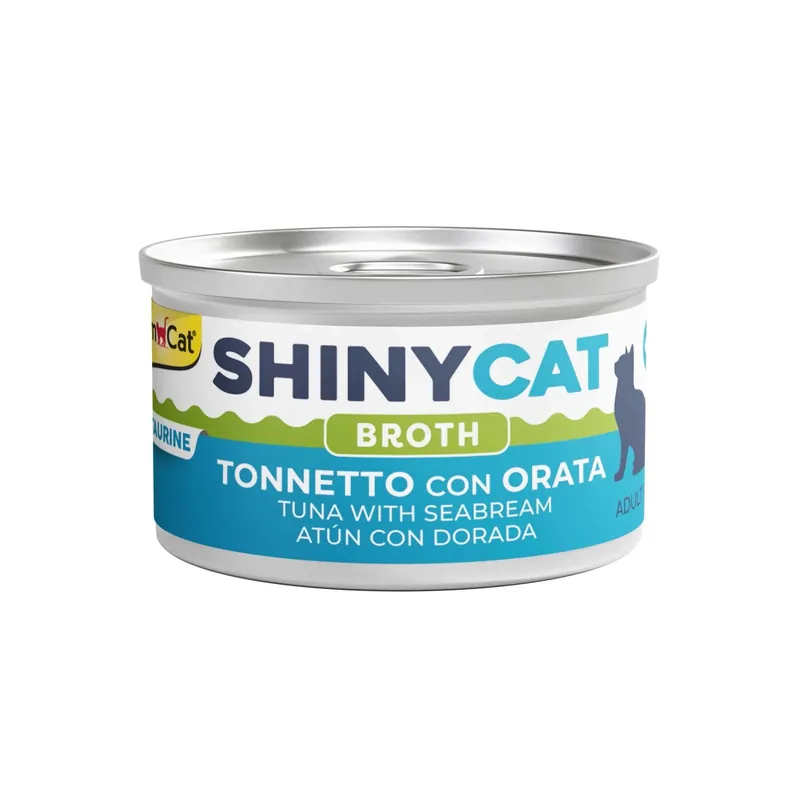 Koopje Cibo umido per gatti ShinyCat Broth 64% tonnetto con orata 70 g