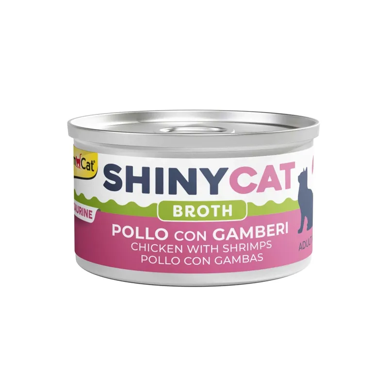 Cibo umido per gatti ShinyCat Broth 64% pollo con gamberi 70 g Flitsaanbieding