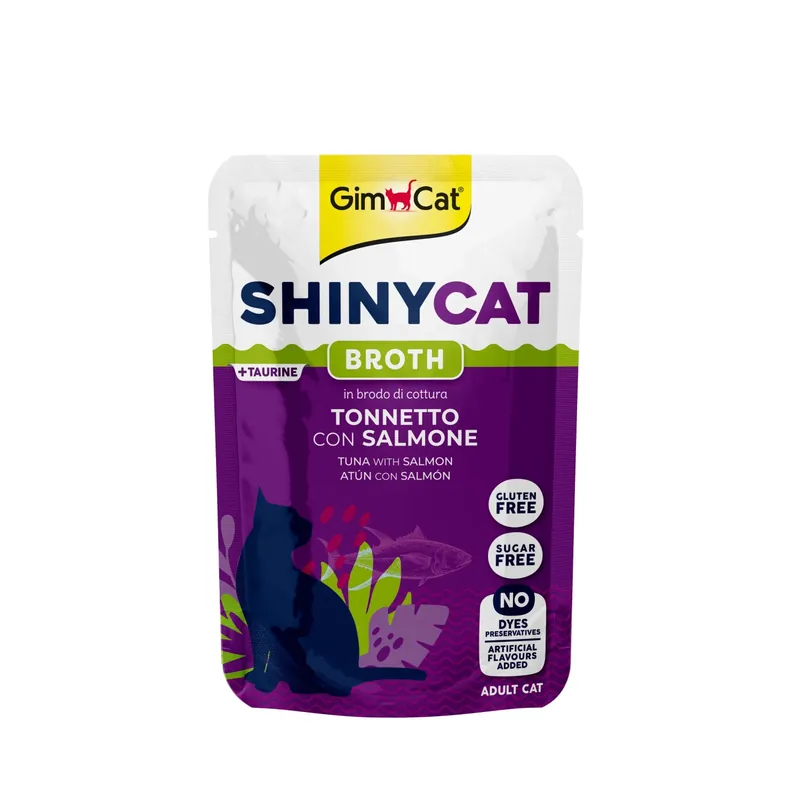 Cibo umido per gatti ShinyCat Broth 44% tonnetto con salmone 70 g Gereduceerde Prijs