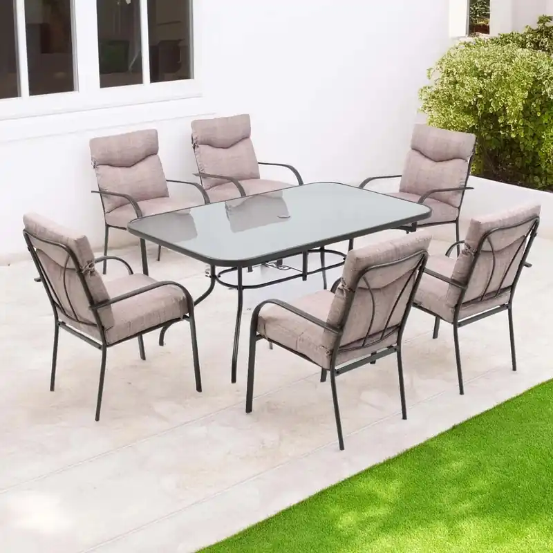 Tavolo e sedie da giardino Madagascar in ferro con cuscini beige 6 posti Favoriet