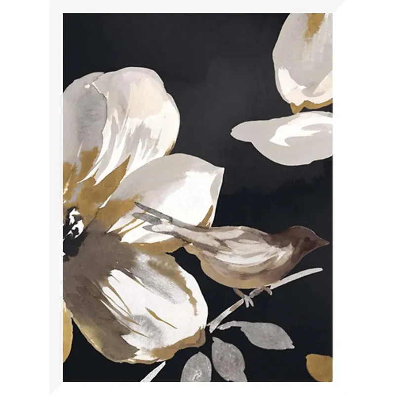 Stampa incorniciata uccellino su ramo, fondo nero 30 x 40 cm Alleen Vandaag