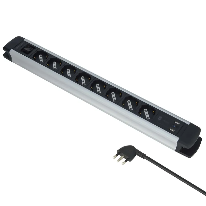 Hoge Kwaliteit Multipresa Alu, 8 prese P40, 2USB-A, USB-C PD20W, H05VV-F 3G1, 2m. Nero