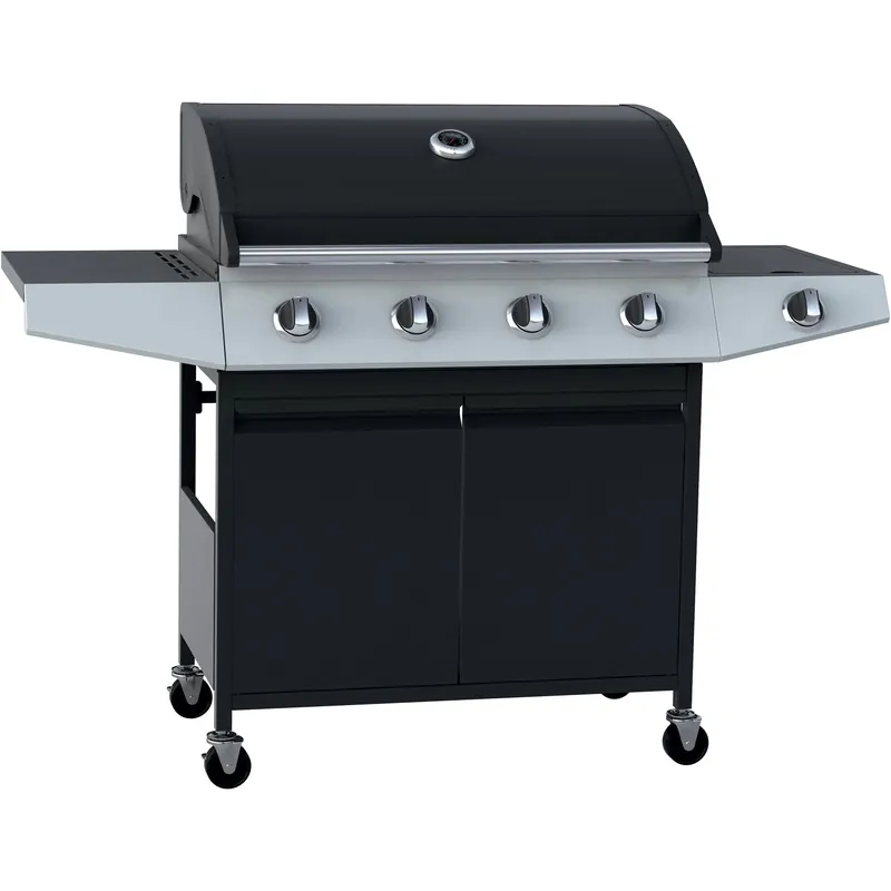 Hoge Kwaliteit Barbecue a gas 4+1 bruciatori nero con fornello laterale e coperchio