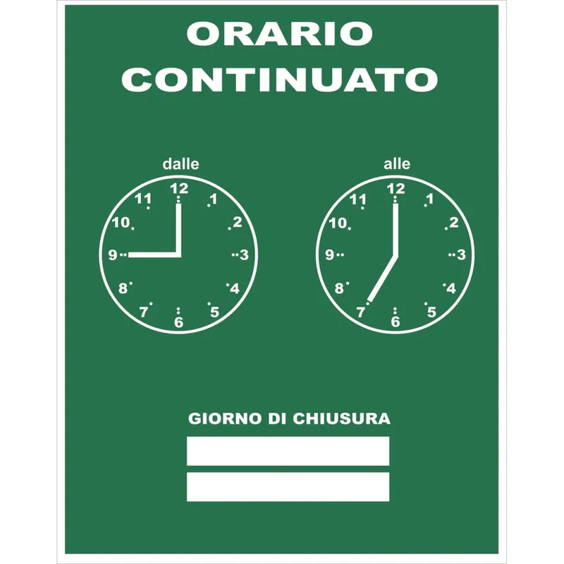 Direct Beschikbaar Targa di informazione con catenella "Orario continuato" 16 x 21 cm verde