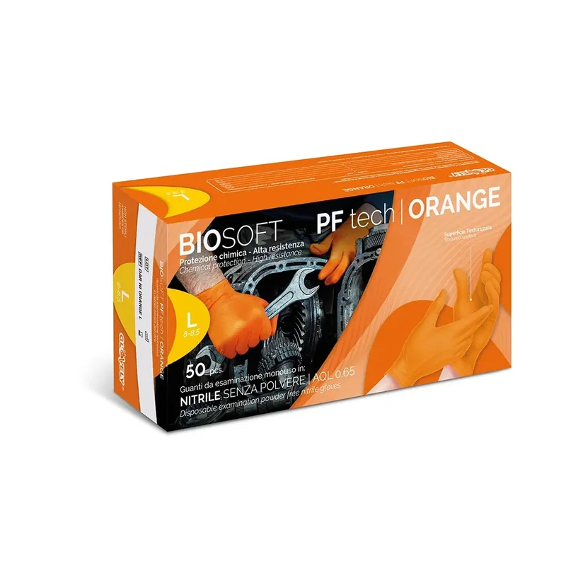Guanti da lavoro in nitrile monouso Biosoft PF tech arancione tg L 50 pz Nu Kopen