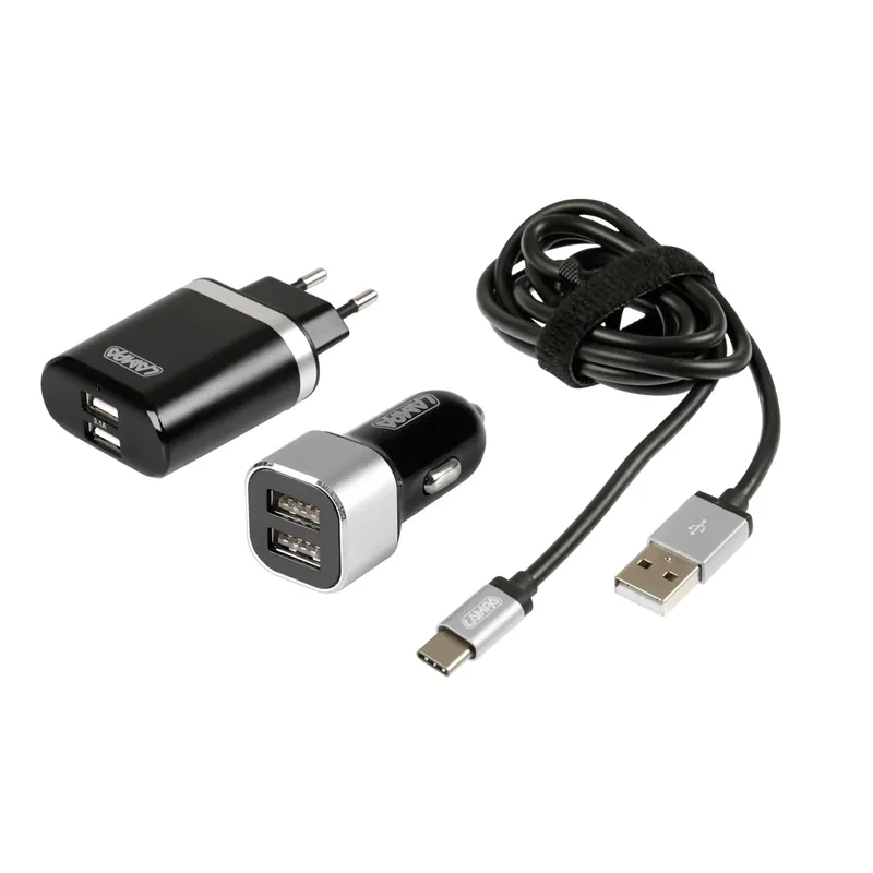 Gratis Retour Kit Usb Type-C 2 caricatori Usb doppia presa e cavo nero/grigio