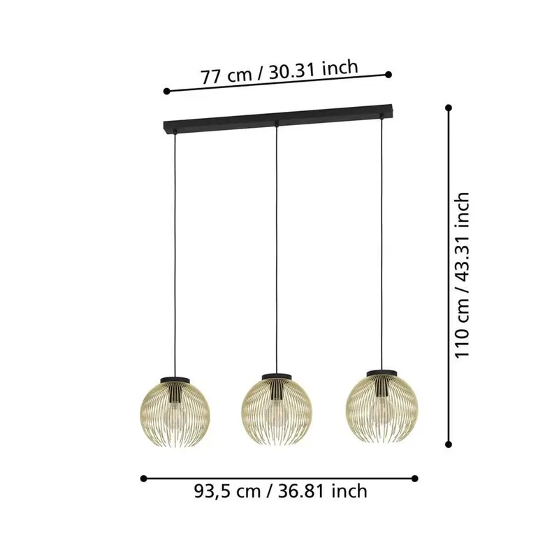 Lage Prijs Lampadario a sospensione Eglo Venezuela 3 luci L93,5x23,5xH110 cm accia nero oro