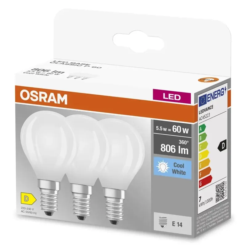 Lampadine LED E14 forma a sfera Osram 806lm bianco opaco 3 pz 4000K Gratis Retour