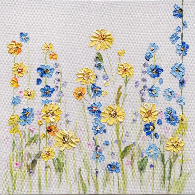 Seizoensaanbieding Dipinto su tela soggetto fiori di campo gialli e blu 30 x 30 cm