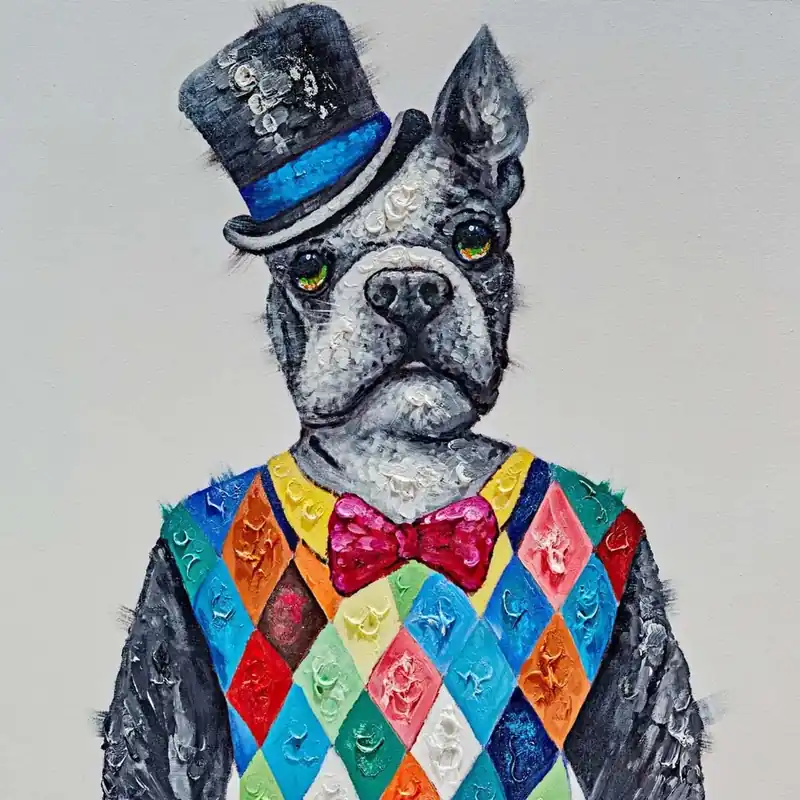 Tijdelijk Beschikbaar Dipinto su tela soggetto Cane con gilet misura 30X30 cm