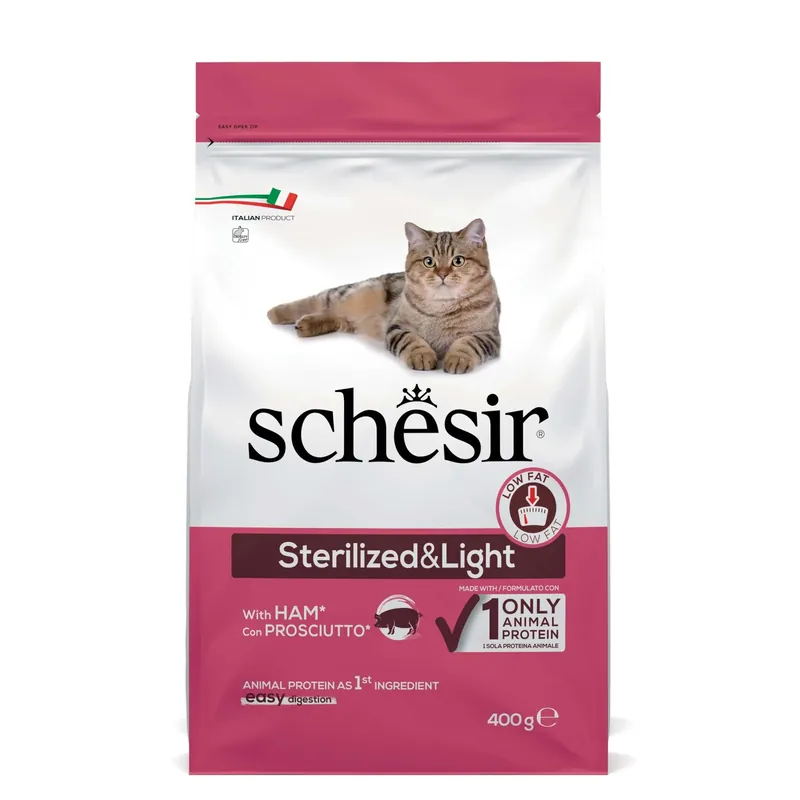 Croccantini per gatto Schesir Sterilized & Light con prosciutto 400 g Dagaanbieding