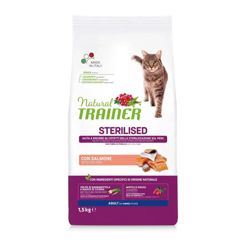 Laatste Kans Cibo secco per gatti Natural Trainer salmone&fibra di pisello 1,5 kg