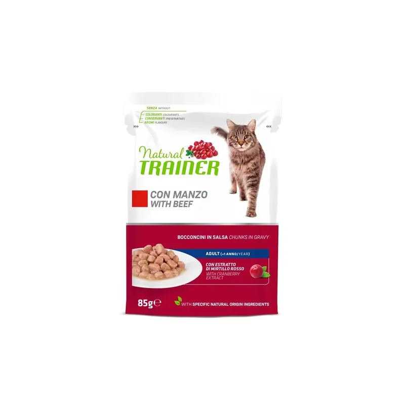 Cibo umido per gatti Natural Trainer cat adulto manzo busta 85 g Hoge Kwaliteit
