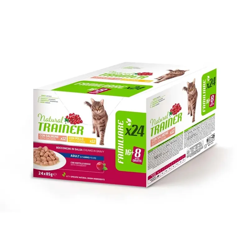 Meest Verkocht Cibo umido per gatti Natural Trainer adulto salmone/pollo 24x85 g