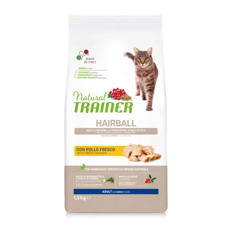 Cibo secco per gatti Natural Trainer cat dry hairball adulto pollo 1,5 kg Direct Verzonden