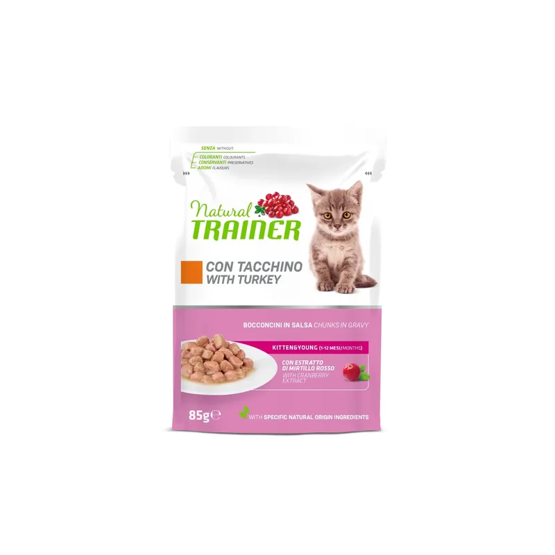 Gratis Retour Cibo umido per gatti Natural Trainer cat kitten&young tacchino 85 g