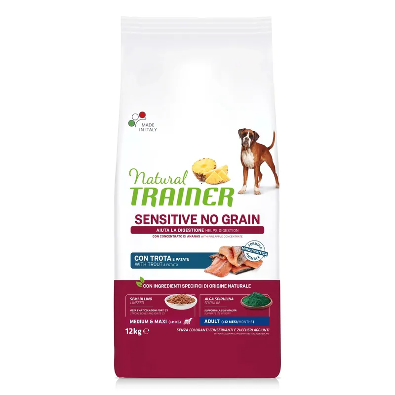 Cibo secco per cani Natural Trainer sensitive no grain trota 12 kg Exclusieve Aanbieding