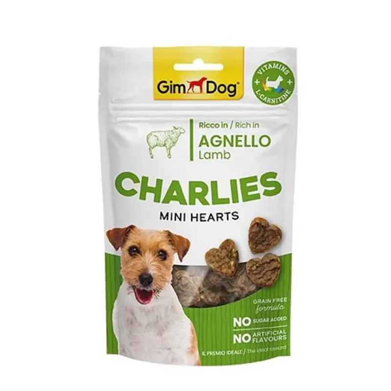 Shop Nu Snack per cani GimDog CHARLIES Mini Hearts Agnello 70 g