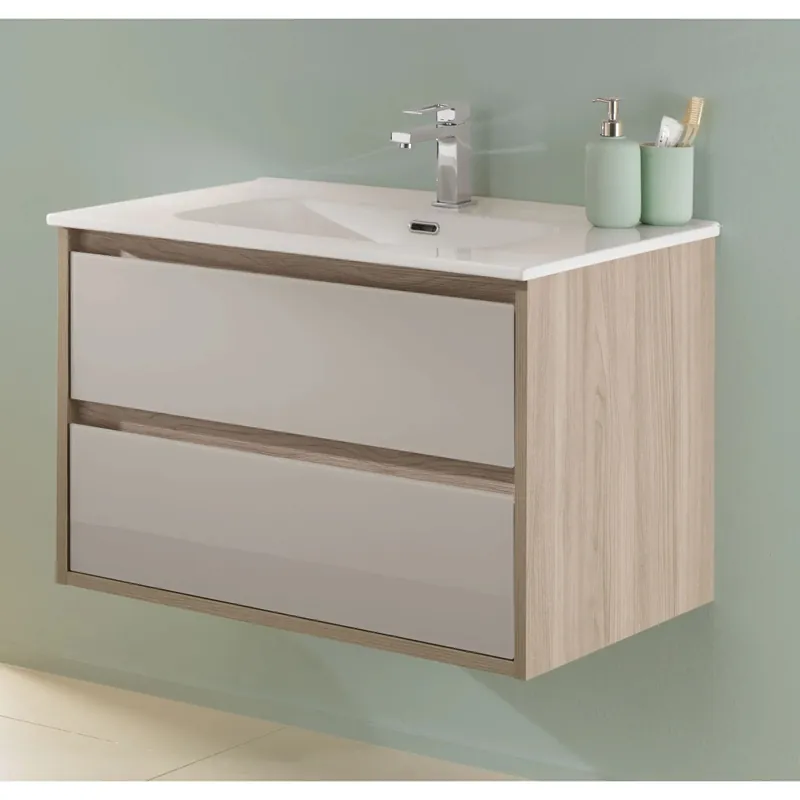 Mobile bagno sospeso Elba 2 cassetti frontali vetro 80,5x17,5 cm Olmo Rousseau Finale Uitverkoop