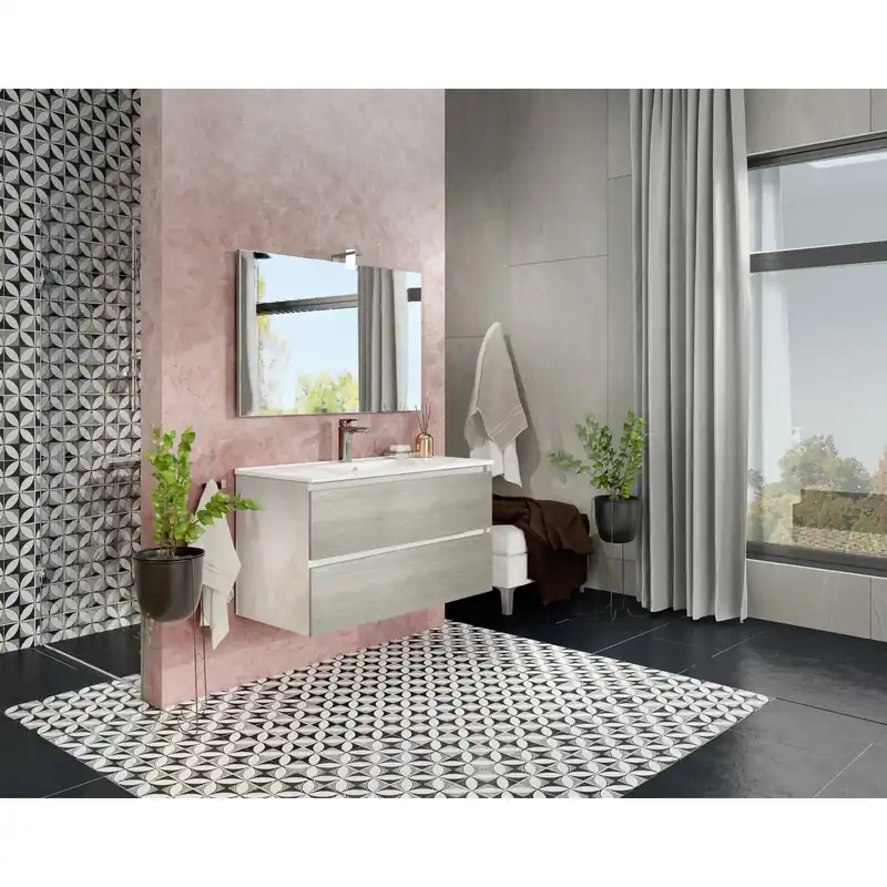 Pensile bagno Cube rovere grigio con lavabo e specchio 100 cm Finale Uitverkoop