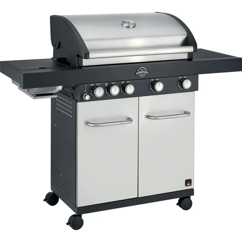 Barbecue a gas Jamestown 4 bruciatori nero con ripiano laterale e coperchio Rechtstreeks Van De Fabrikant